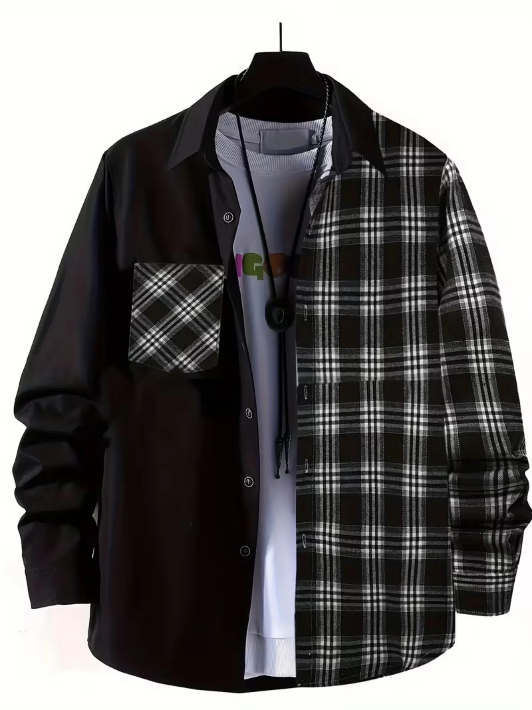 

Новая мужская одежда, рубашка с длинными рукавами и решетчатыми карманами, мужская деловая повседневная черная рубашка, топы, 100% полиэстер