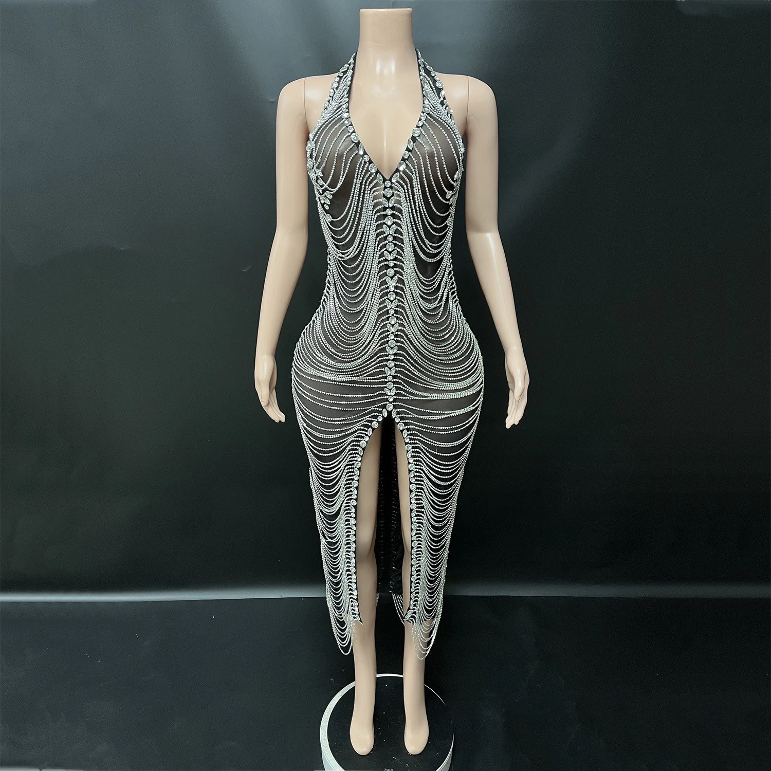 Evening Dress Sexy Rhinestone Chain Hanging Neck Party Dress Nightclub Bar Performance Costumes Women Gogo Dancers Dress DN21192