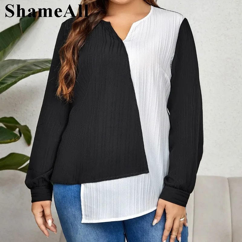 Women's Plus Size Long Sleeve Color Block  Top Shirts  V Neck Striped Blouses  Irregular Tee