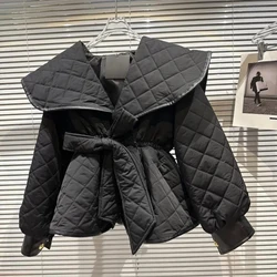 2024 Winter New Style Fried Street Collar Diamond Lattice Compressed Cotton Belt Cinched Cotton-Padded Coat Cotton Jacket