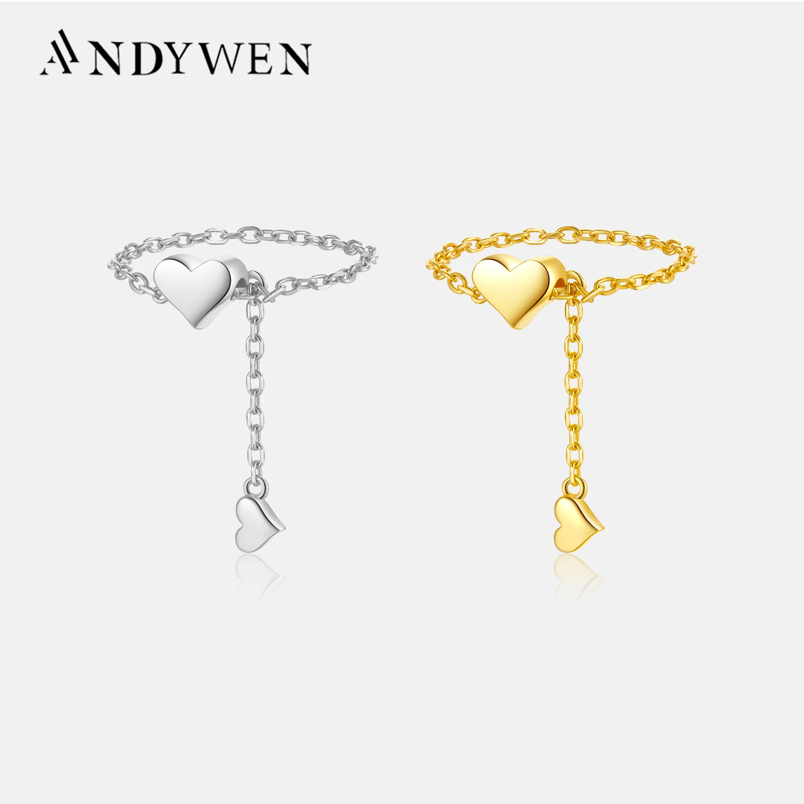 

ANDYWEN 925 пробы Серебряное кольцо в форме сердца с цепочкой 2024 гладкие роскошные женские ювелирные изделия в стиле Рок Панк Роскошные ювелирные изделия в подарок
