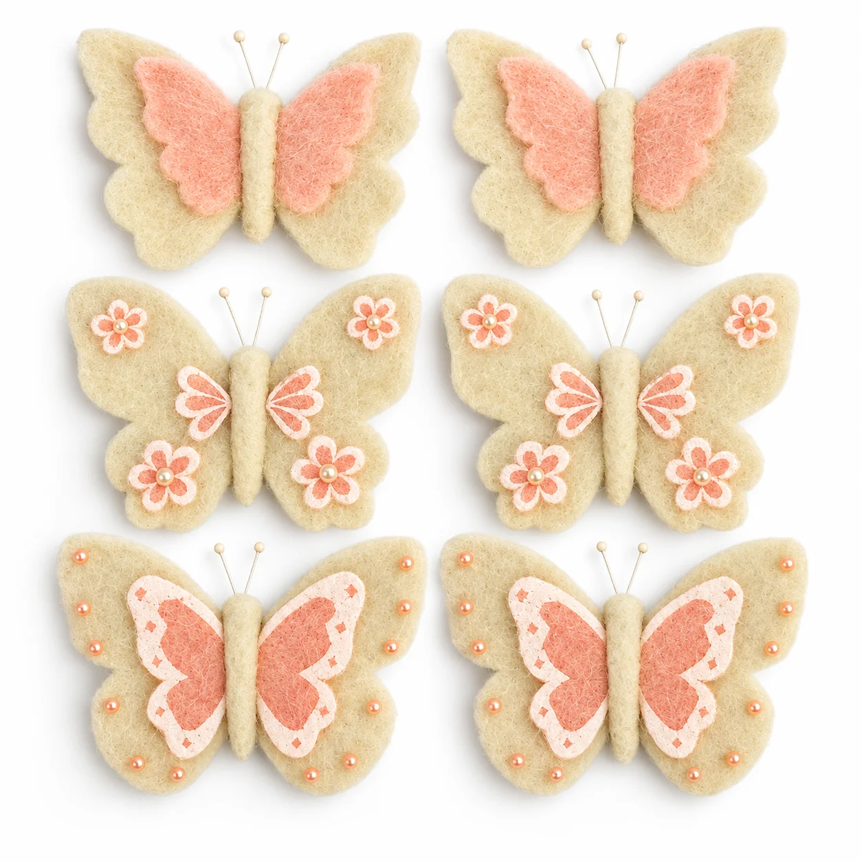 6PCS Artificial Butterfly Decorations Wool Felt Butterfly Ornament Floral Pearl Decor for Wedding Bouquet Floral Arrangement Hom