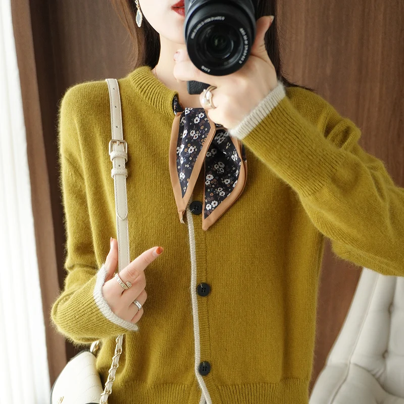 Fashionable and versatile slimming effect color blocking knitted sweater wool jacket versatile and slimming effect Blouse