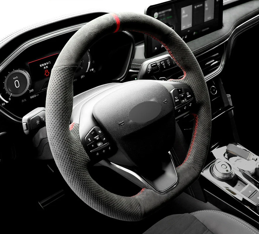 Funda de Volante Cosida a Mano con Hilo Rojo de Cuero Genuino y Gamuza, Accesorios para Automóviles FORD FOCUS FIESTA KUGA PUMA ST