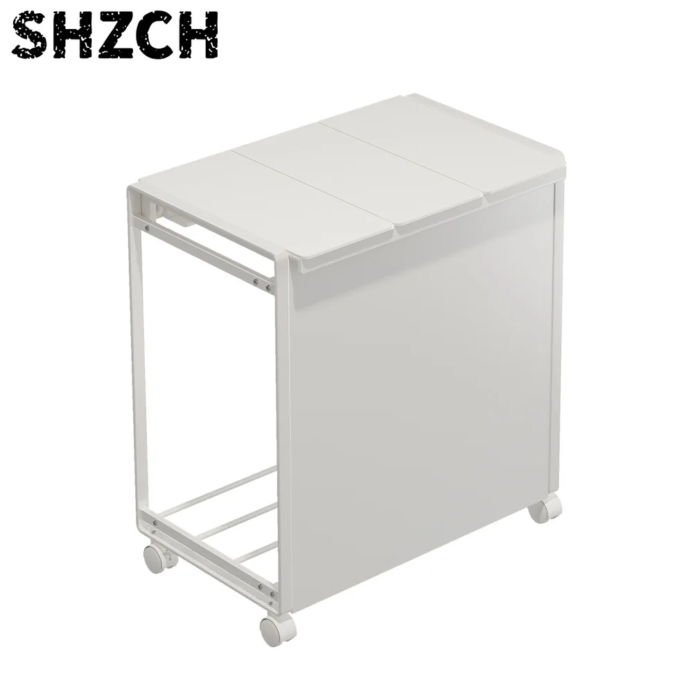 3-Compartment Carbon Steel Trash Can with Lid and Wheels Rolling Waste Sorter for Outdoor Indoor Garbage Holder