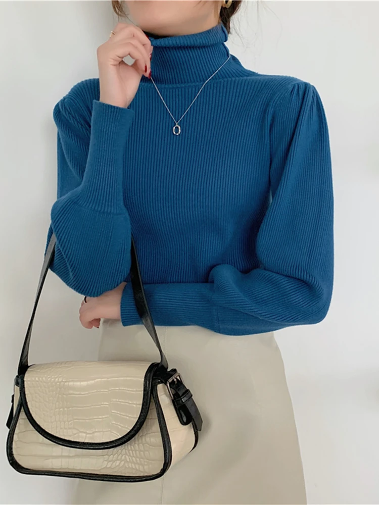 

Autumn Winter Turtleneck Knitting Women's Sweaters 2022 New Puff Sleeve Bottoming Solid Casual Sweater Female Chic Tops