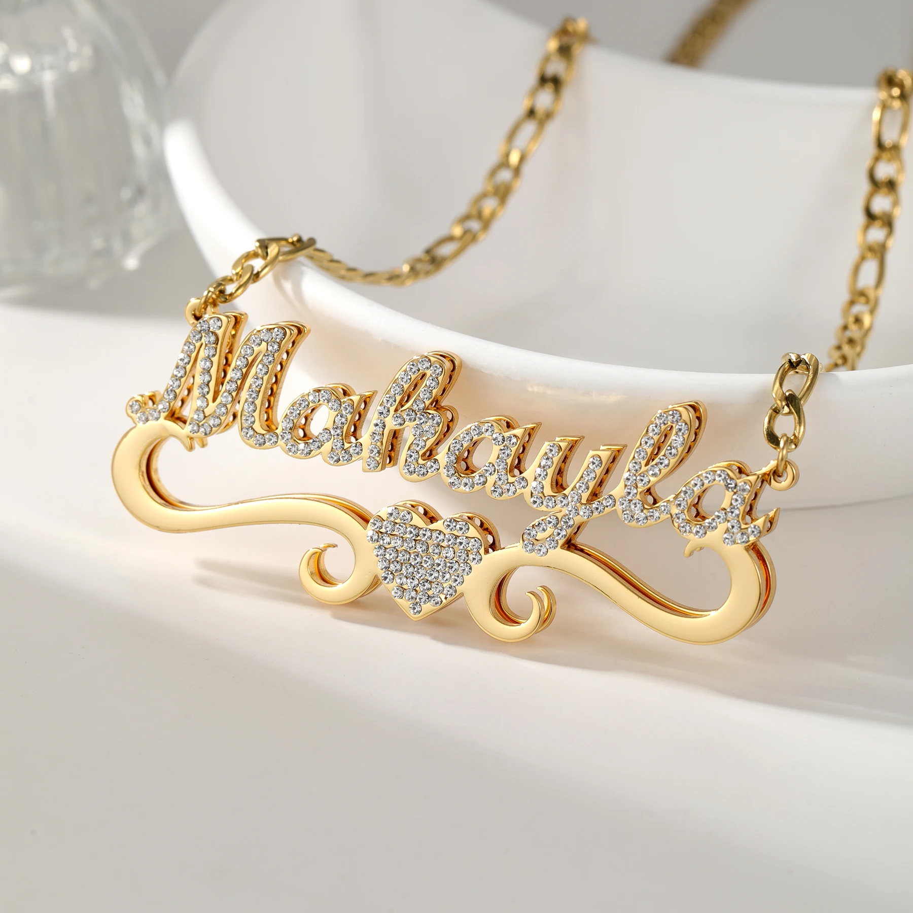 

Custom Double Layered Name Necklace Personalized Pendant With Heart Accent Diamond Crystals Dainty Jewelry Daily Wear Christmas