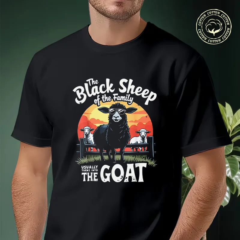 

Black Sheep Family Goat Pattern Moto T-shirt Men's Summer Cotton Fashionable Casual Sports Short Sleeved Tshirt Top