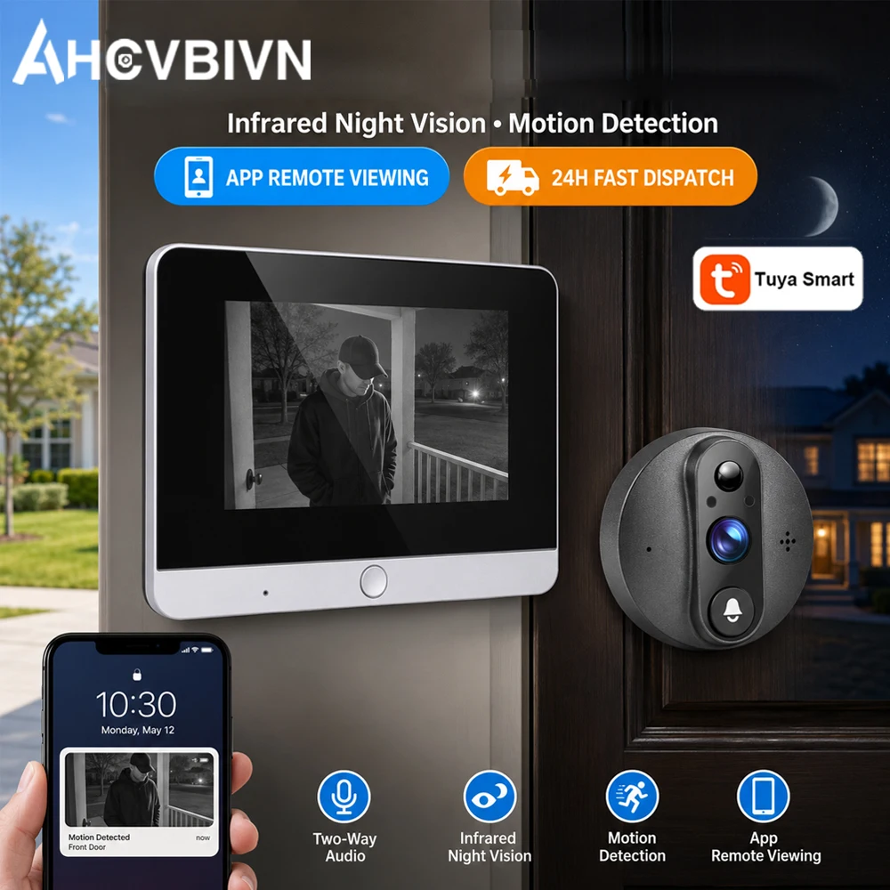 Tuya Smart WiFi Peephole Camera Video Doorbell PIR Motion Detect Two‑Way Talk IR Night Vision Home Door Security Monitoring Cam