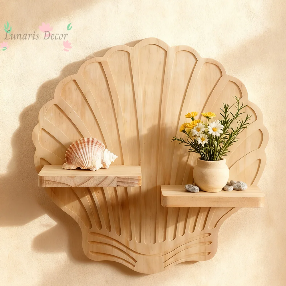 Bohemian seashell pine wood wall-mounted planter shelf - wooden craft