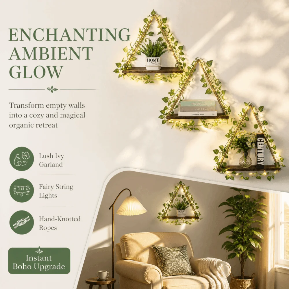 Nordic Artificial Ivy Floating Wall Shelf Wooden Hanging Wall Hanging Shelf LED Light Floating Wall Mounted Shelf Bathroom
