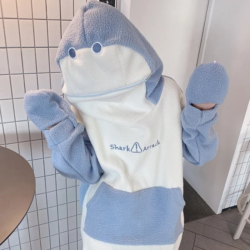 

Kawaii Shark Hooded Sweatshirts Women Plush Warm Autumn Winter New Fashion Hoodies Cute Student Clothing Furry Pullovers Pockets