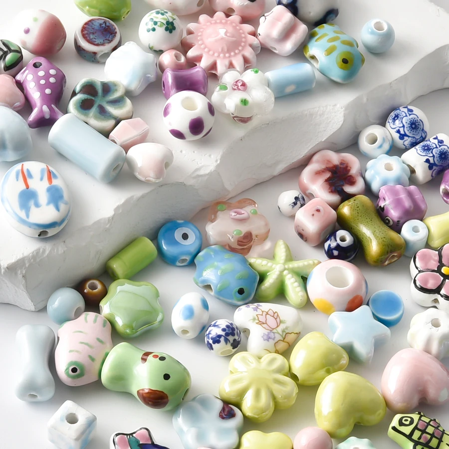 Perles en céramique peintes à la main, 5 pièces, animaux marins mignons, poissons, bijoux pour la fabrication de bracelets, fleurs colorées, cœurs, vente en gros