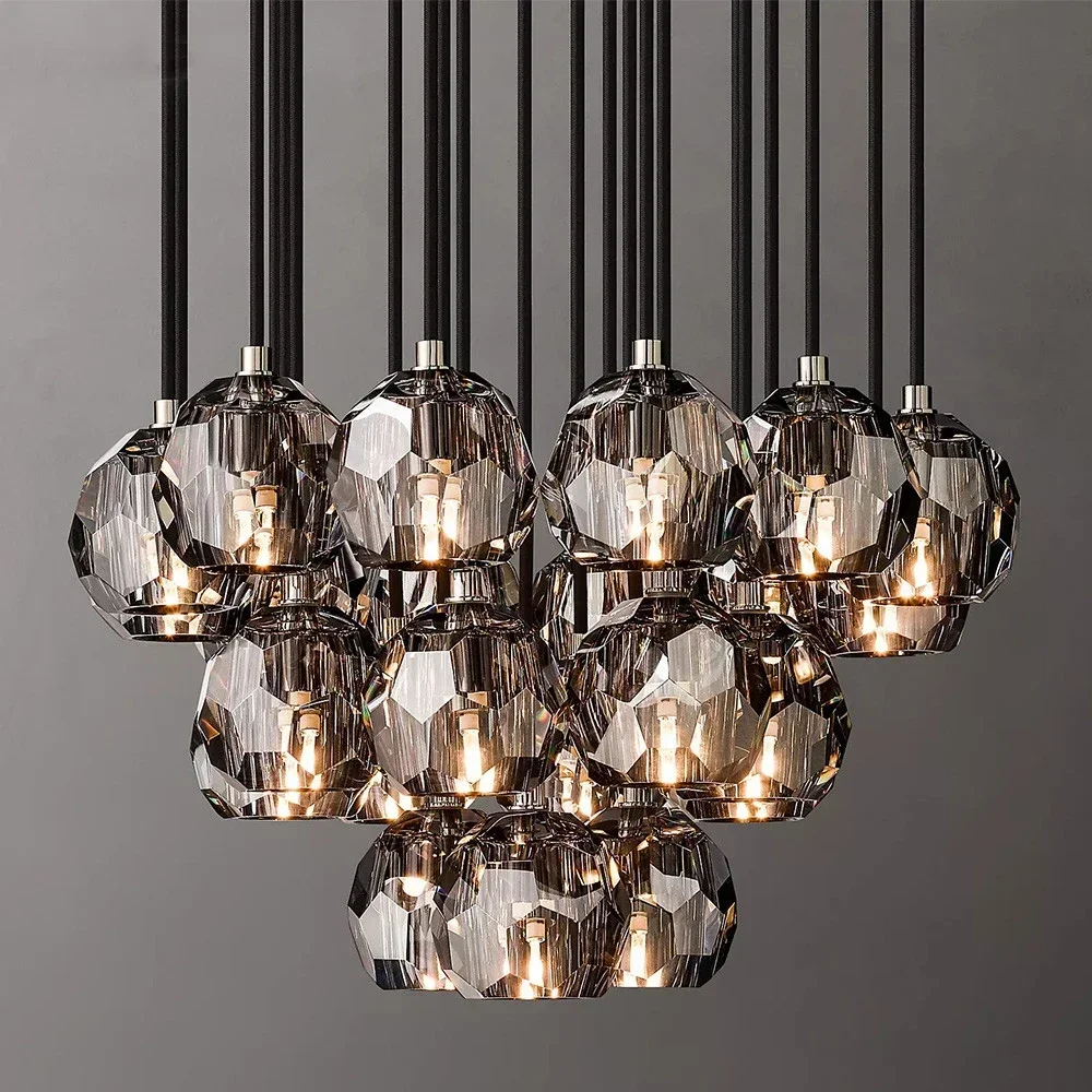 Light luxury glass crystal chandelier smoke gray circular chandelier home decoration bedroom living room LED pendant light