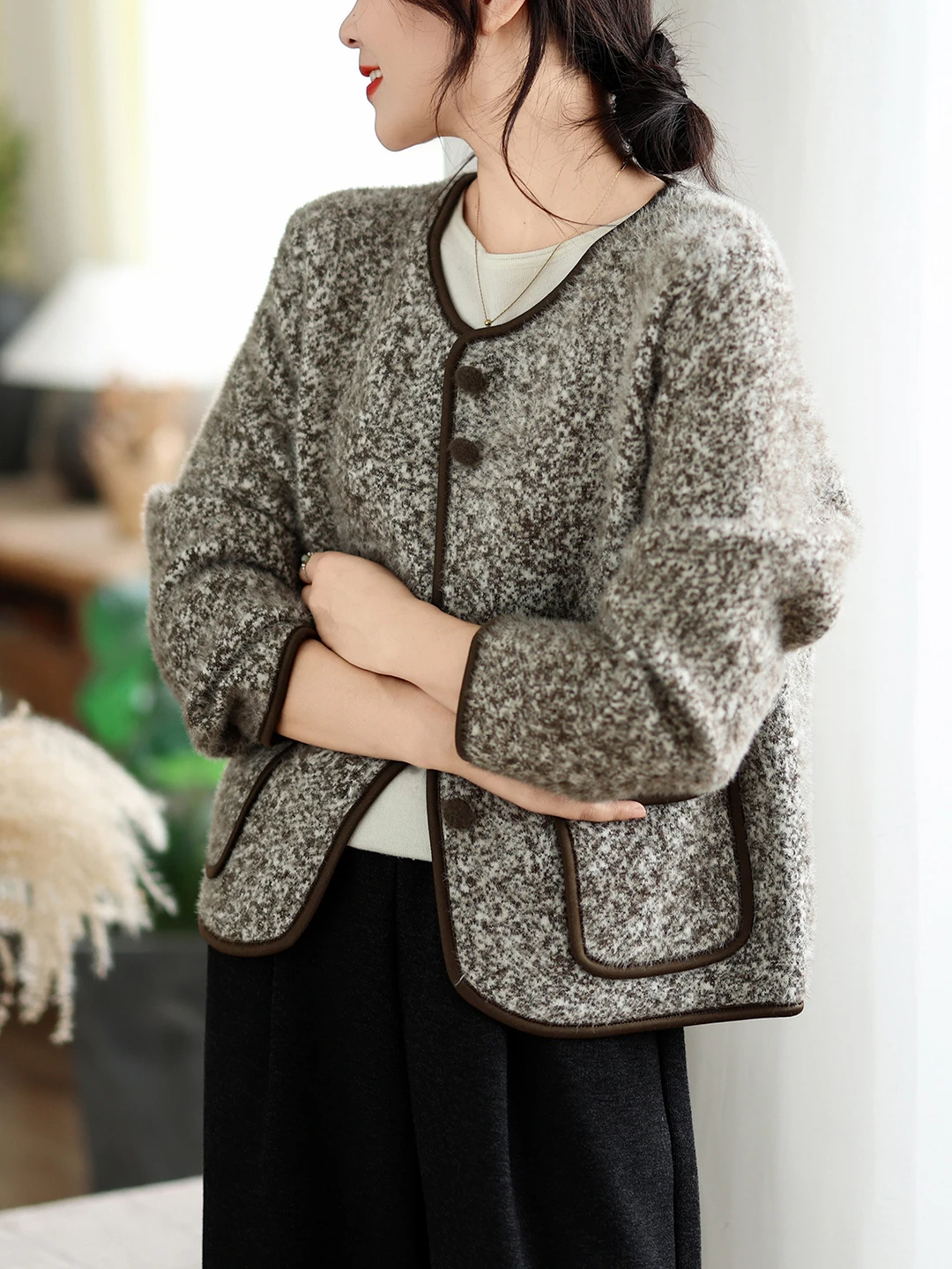 Korean Style Short Knitted Faux Mink Jacket Women's Autumn Winter Slimming Color Block Sweater Top Fashion Outerwear