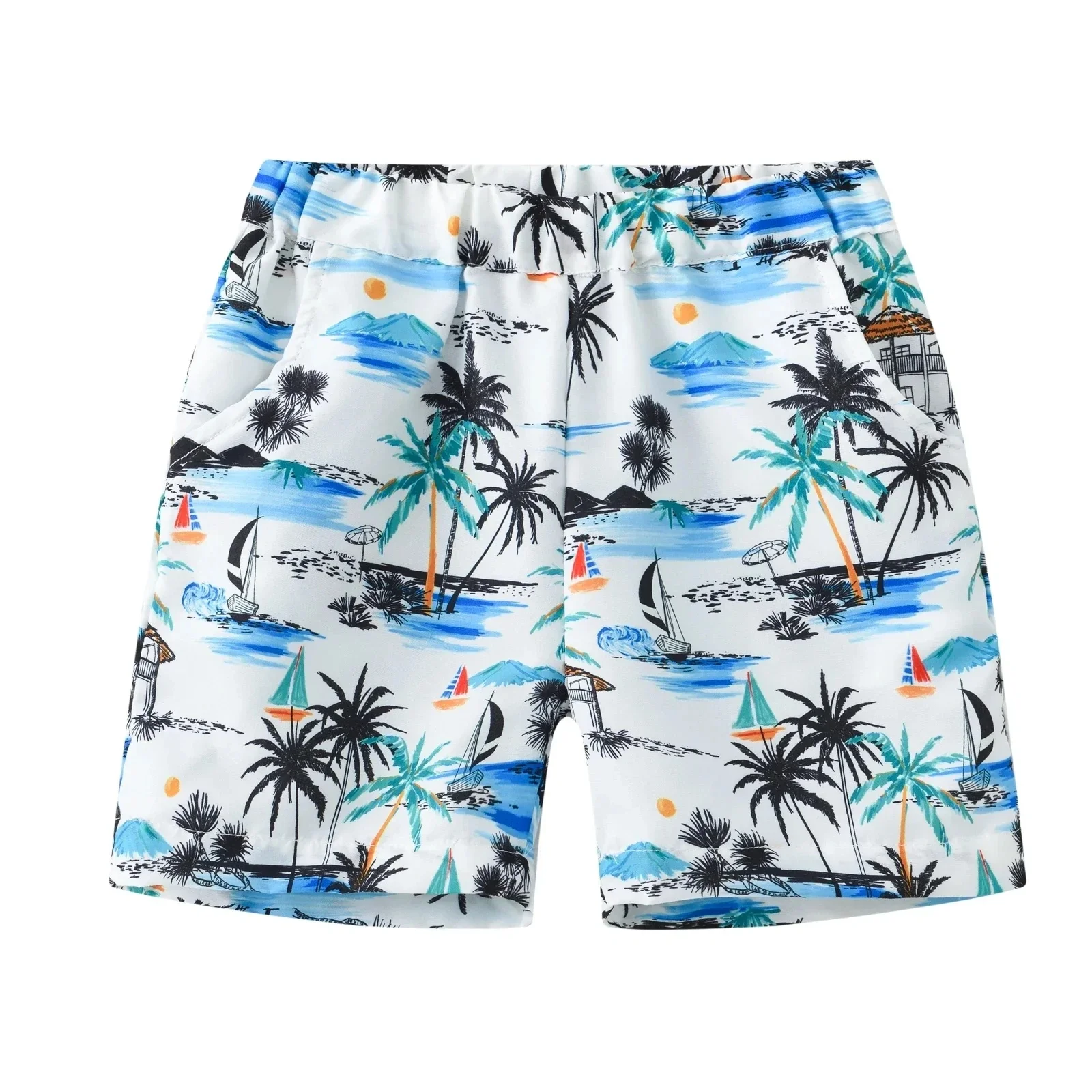 2026 Summer New Hawaiian Style Palm Tree Sailboat with Water Ripple Texture 3D Printed Retro Versatile Family Machingkids Shorts