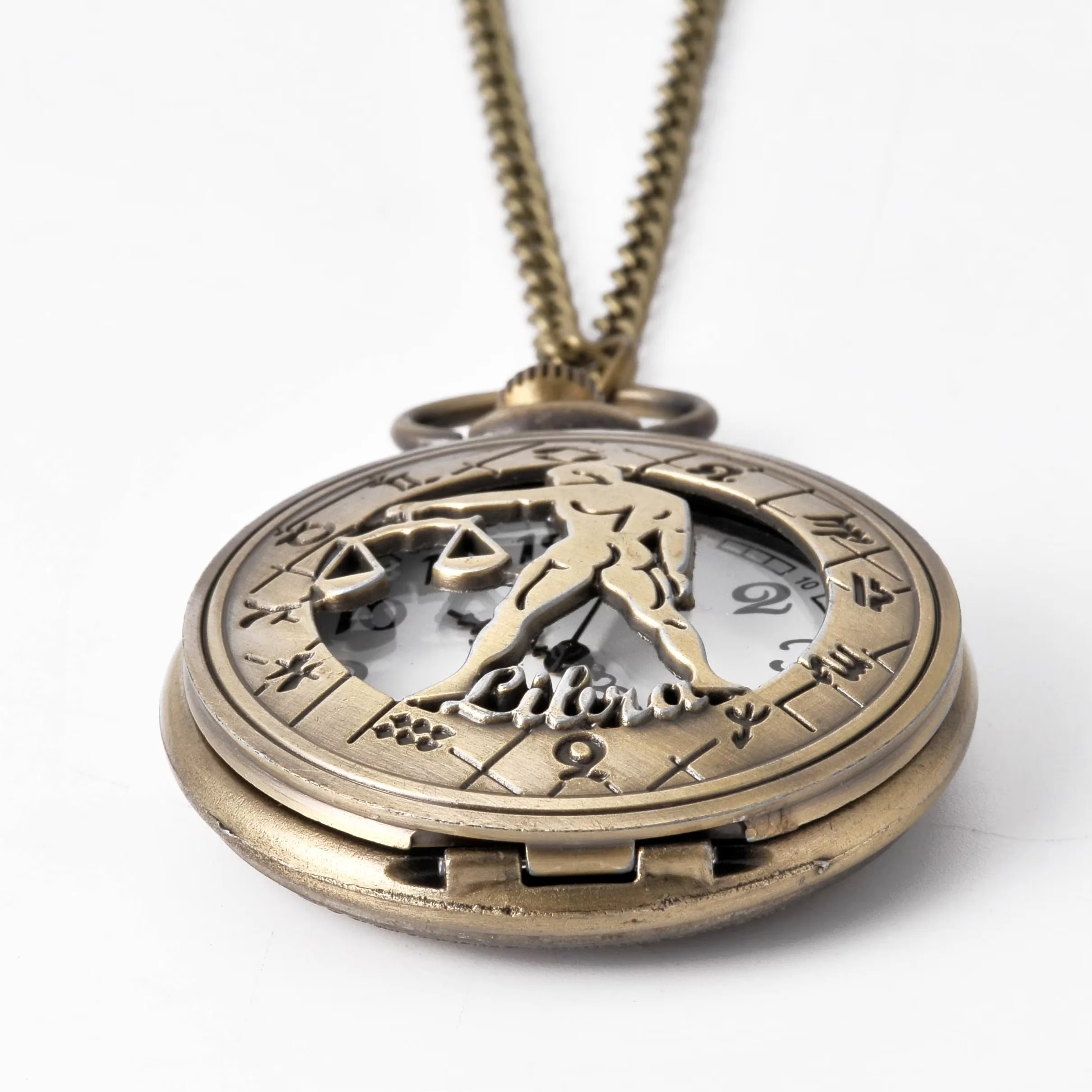 大きなブロンズ中空彫刻人物と天秤座の新しいデザインが革新的なアラビア数字クォーツ懐中時計