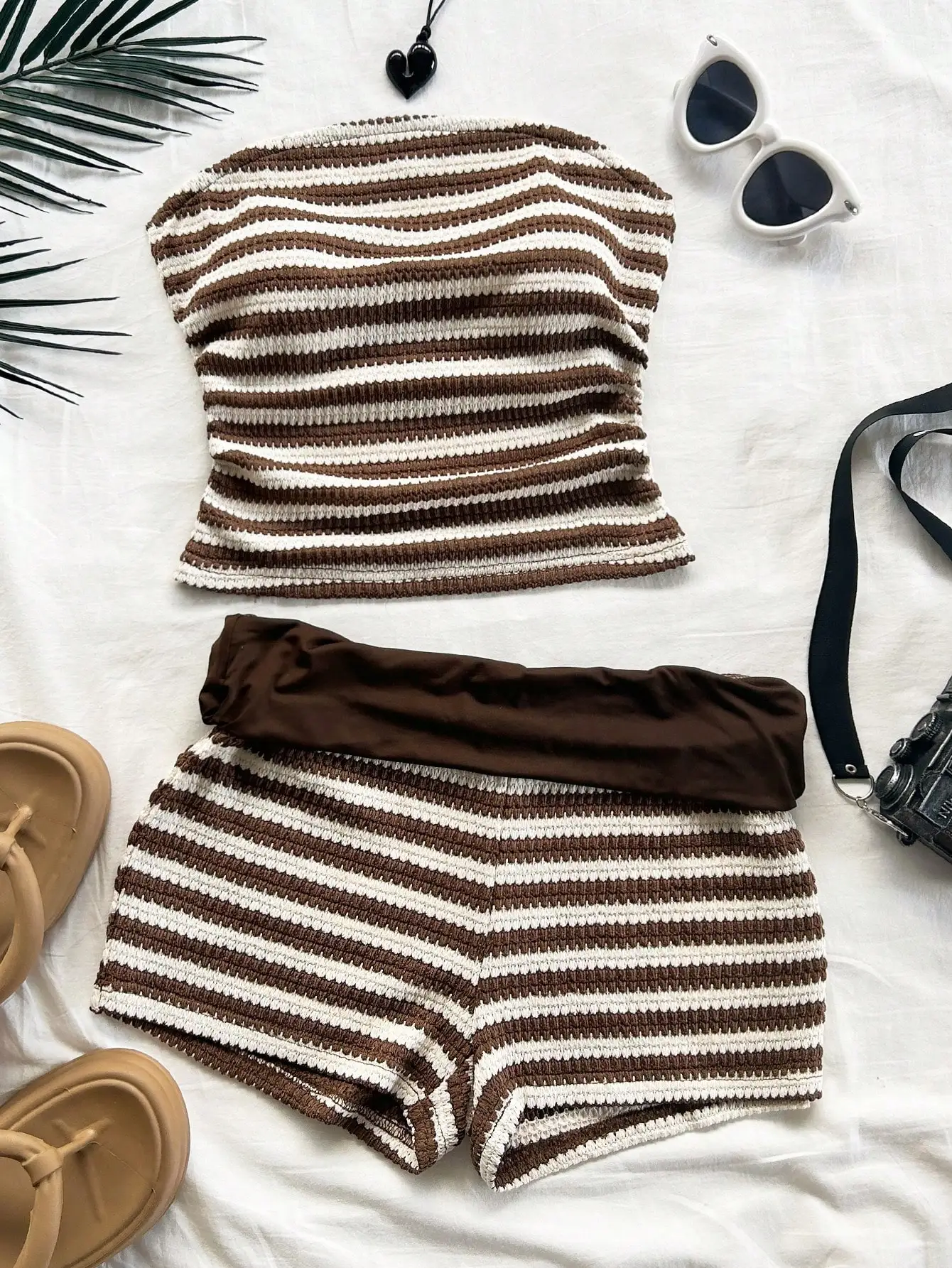 

Striped Crochet Knit Ruched Bandeau Top And Low Waist Shorts Set For Summer Vacation