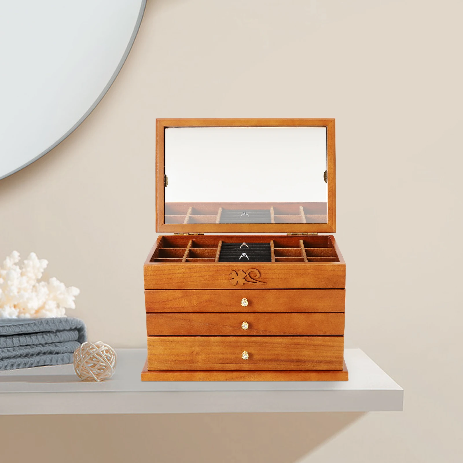 

Деревянная шкатулка для драгоценностей в деревенском стиле для женщин с зеркальным органайзером для хранения настольного шкафа