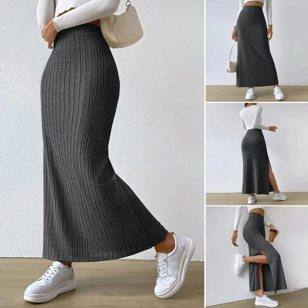 

High-waisted Maxi Skirt Breathable Maxi Skirt Elegant Ribbed Maxi Skirt with Side Slits High-waisted Solid Color Long for Autumn