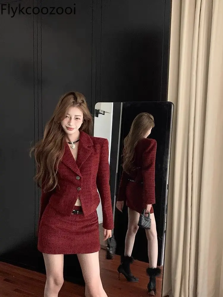 Red Waist Slimming Short Suit Jacket Temperament High-grade Skirt Women Autumn and Winter High Fanny Two-piece Set