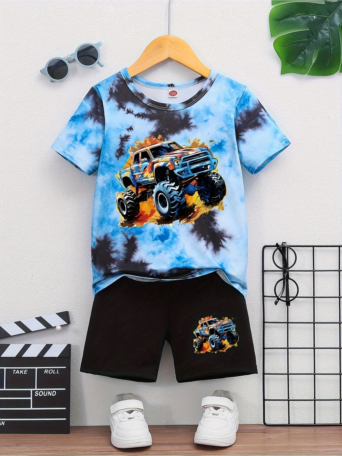

Boys' Favorite Off-road Vehicle Print Tie Dye Short Sleeved T-shirt+elastic Waist Shorts Set, 2-piece Summer Outdoor Outfit