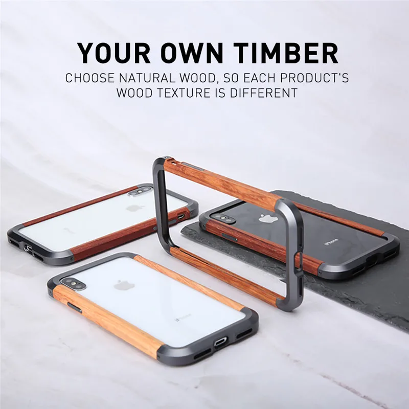 R-just Luxury Classic Retro Aluminum + Wood Shockproof Frame For Iphone 15 14 13 12 Plus Pro Max Metal Protection Phone Bumper