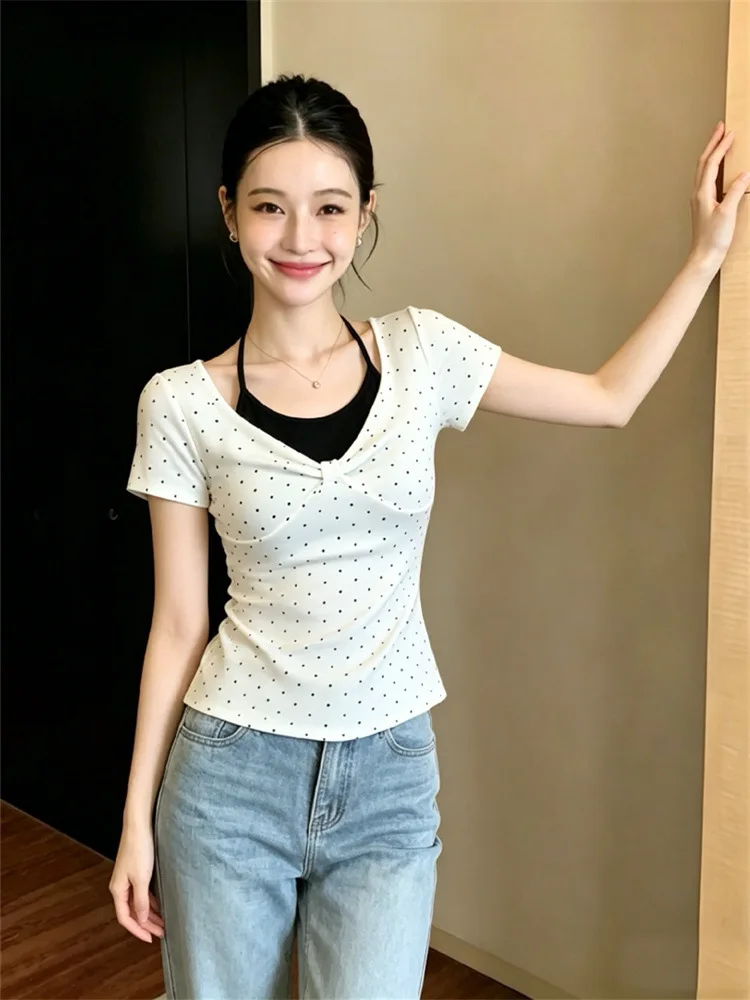 Polka Dot 2 Pieces Kpop T-shirts Women Korean Fashion Y2k Tops Vintage Slim Sexy Tees Goth Cheap Clothes Woman Tshirts