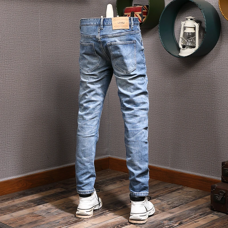 Italian Style Fashion Men Jeans Retro Blue High Quality Elastic Slim Fit Ripped Jeans Men Trousers Vintage Designer Pants Hombre