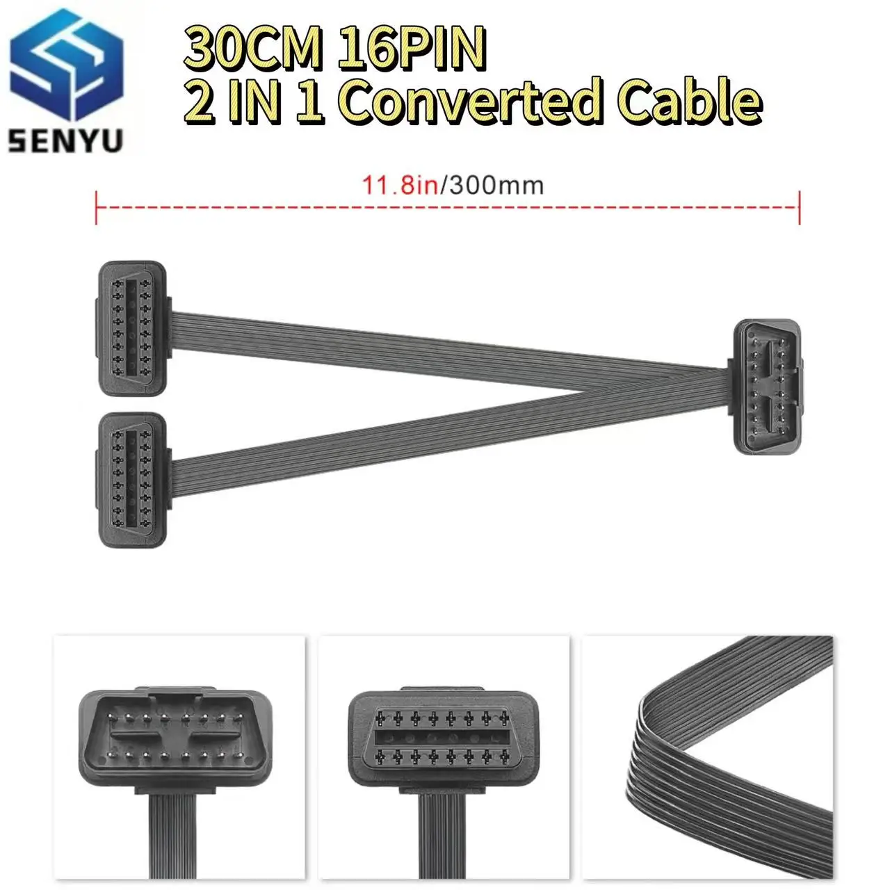 30CM 16PIN OBD2 Cable OBDII Extension Dual Connector Y Splitter Male to Female Flat+Thin as Noodle 2 IN 1 Converted Cable
