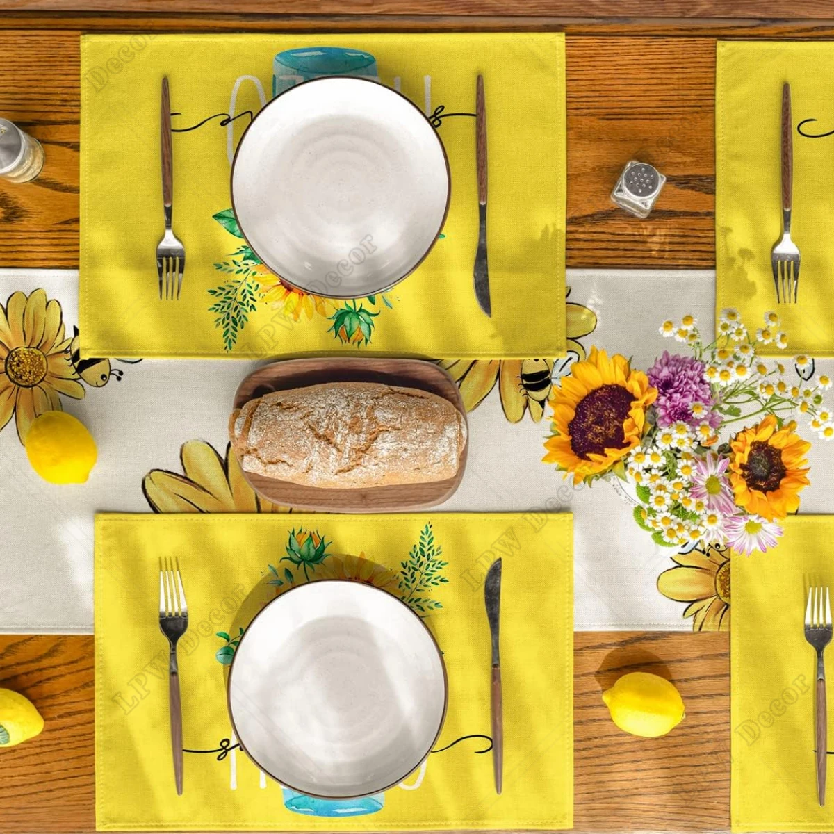 Yellow Hello Sunshine Sunflower Summer Placemats for Dining Table 12 x 18 Inch Spring Seasonal Holiday Decoration Rustic Mats