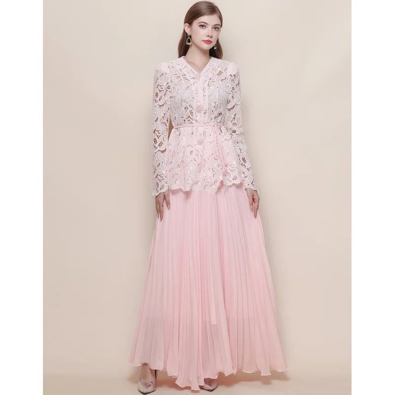 Emagrecimento V-Ne Long Sve Lace irt Conjunto feminino saia de cintura alta Csole Dr Street Sle malha fibra de poliéster