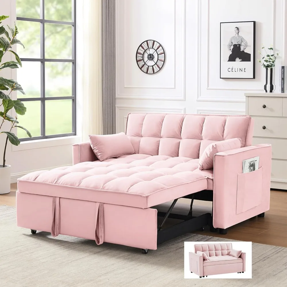 Convertible Sleeper Sofa 3 in 1 Velvet Small Loveseat with Pull Out Bed, Reclining Backrest, Toss Pillows