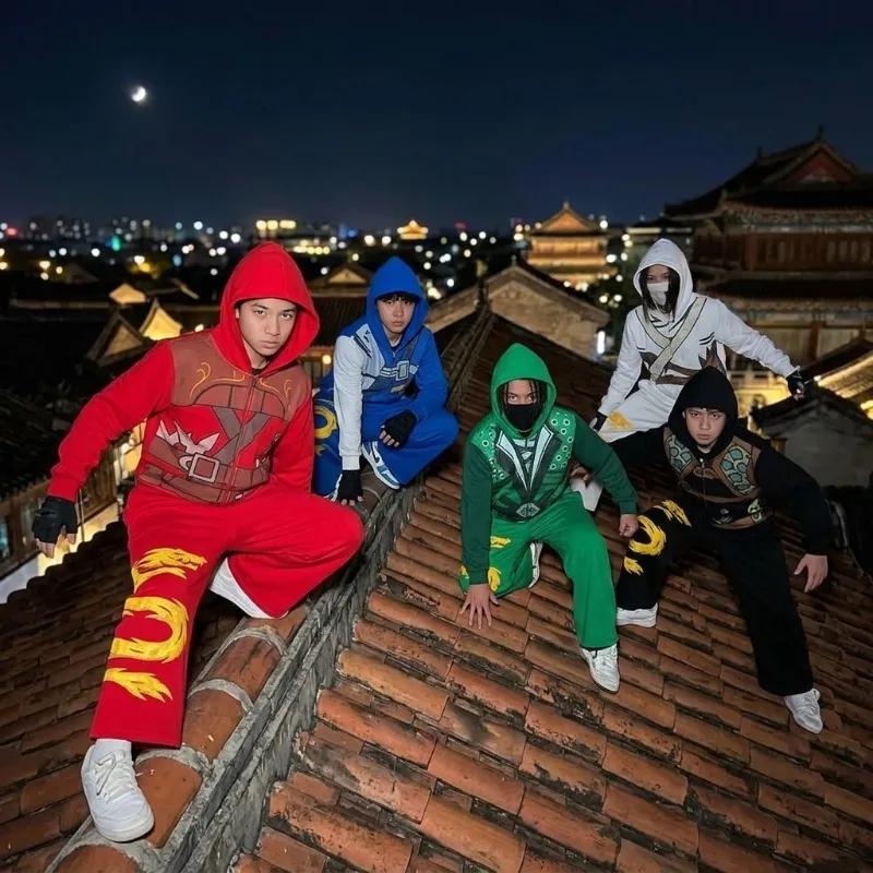 Ninja Warrior Armor Hoodie Set Men Dragon Graphic 2 Piece Suit Anime Inspired Streetwear Baggy Wide Leg Pants Tracksuit Outfit