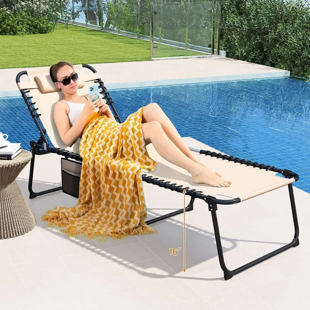 

Extra Large Outdoor 5-Position Adjustable Chaise Lounge with Detachable Pillow, Side Table, 16 High, Supports 440LBS