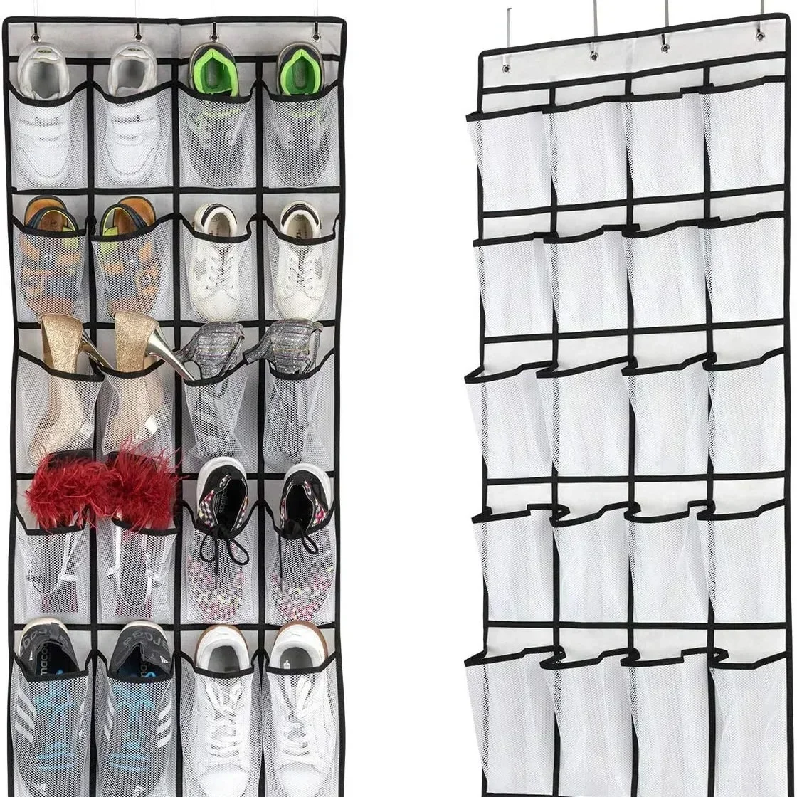 14/24 Pockets Over the Door Shoe Organizer Large Mesh Pockets With 4 Hooks Transparent Fabric Shoe Rack Storage Bag For Bedroom