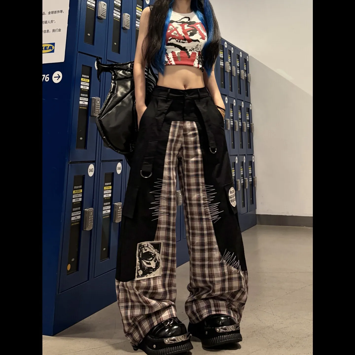 Womens Pink Plaid Straight Leg Cargo Pants Embroidered Applique Edges Deconstructed Panels for Hip Hop Dance Practice