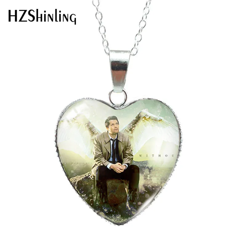 Supernatural TV Paintings Heart Shaped Glass Cabochon Pendants Handmade Necklace Jewelry