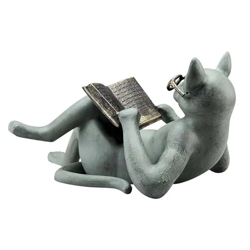 1 Pcs Resin Literary Cat Statue And Sculpture Creative Crafts Lying Cat Reading Book With Glasses Garden lawn Crafts Ornament