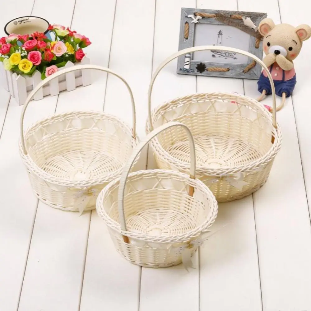 with Handle Butterfly Bows Imitation Rattan Handhold Handwoven Household Braid Storage Baskets Multicolors