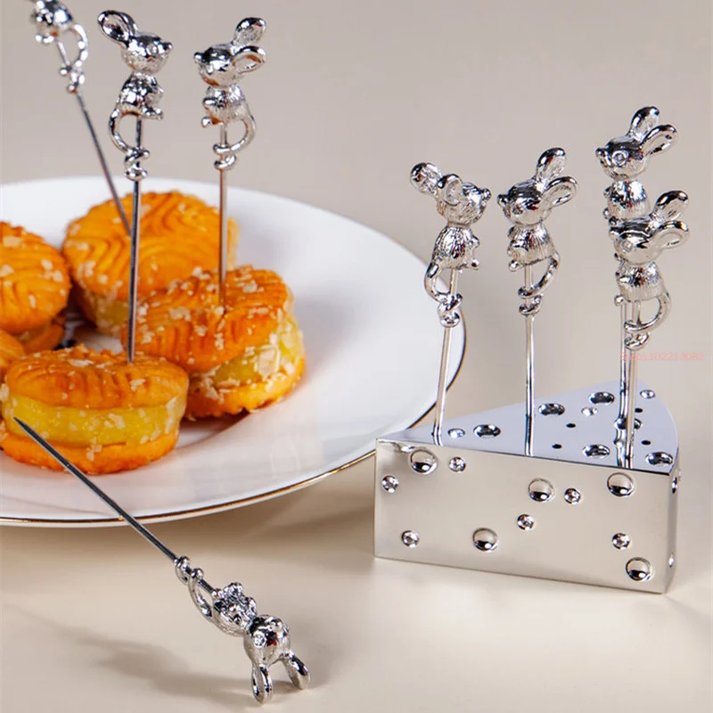 Mouse Stainless Steel Fruit Fork Fruit Stick Cheese Base Organizer Cake Dessert Fork Set Decorative Tableware Dinnerware Sets