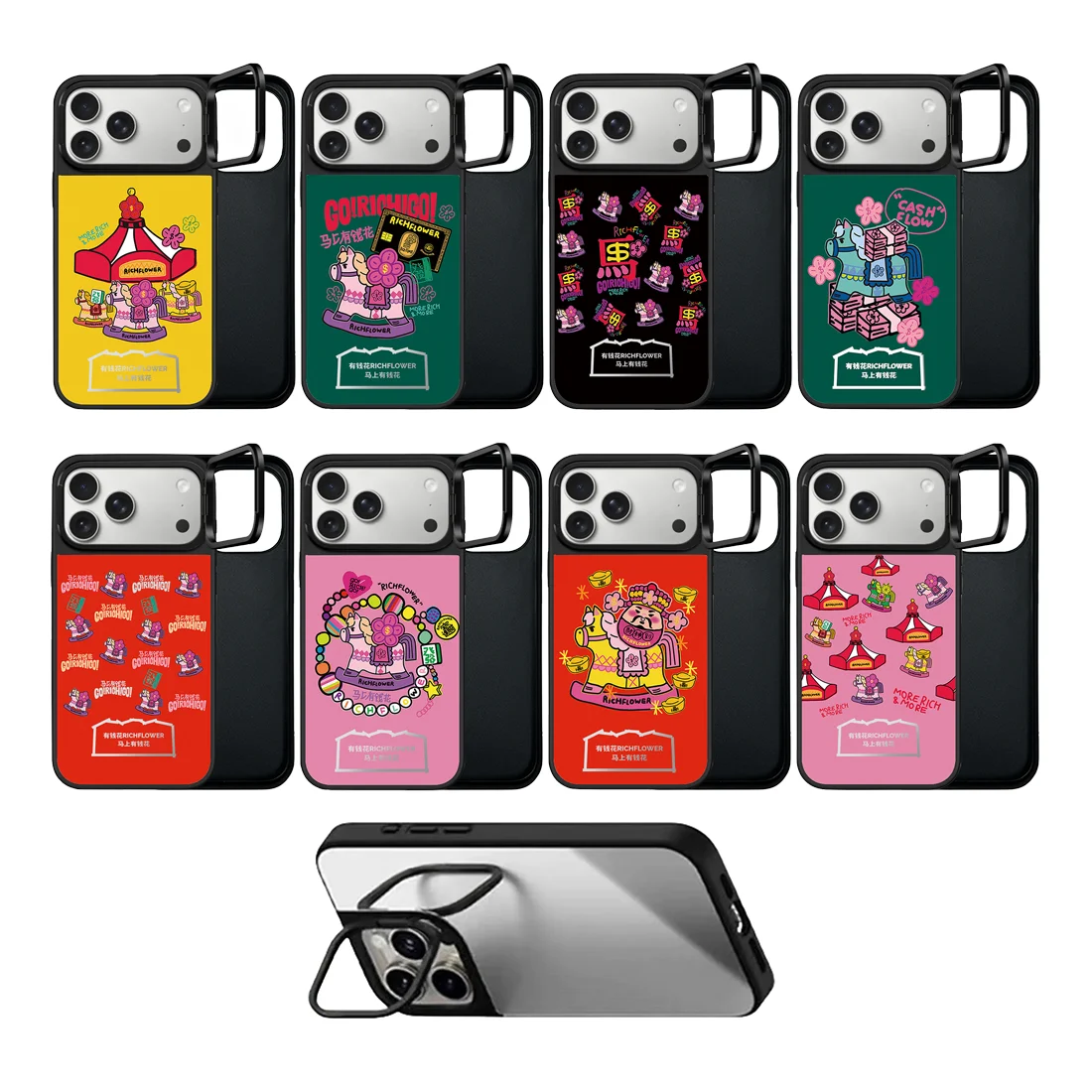 

Flower Rich Pattern Camera Stand Mirror Surface Phone Cover for IPhone 14 15 16 17 Pro Max Case for IPhone 17Pro