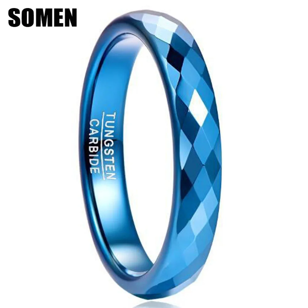 Somen 4mm Blue Tungsten Carbide Ring For Men Rhombus Polyhedral Section Polished Rings Geometric Faceted Wedding Bands Jewelry