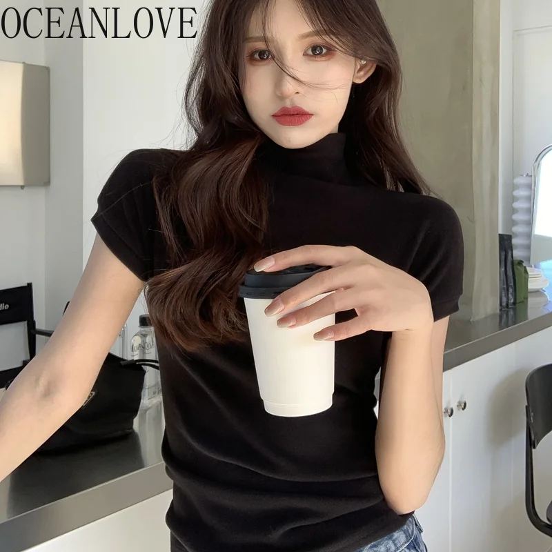 OCEANLOVE Sexy Women\'s Clothing Shirts for Woman Turtleneck Short Sleeve Tunic Tees Tops Mujer Korean Fashion Y2k T-shirts