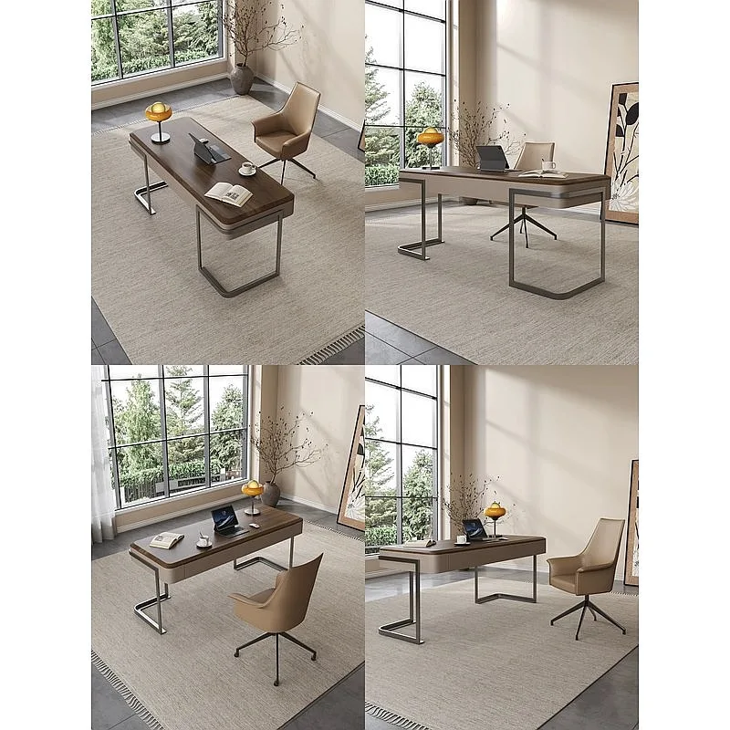 Luxury Solid Wood Desk Modern Minimalist Saddle Leather Home Office Computer Table Walnut Veneer