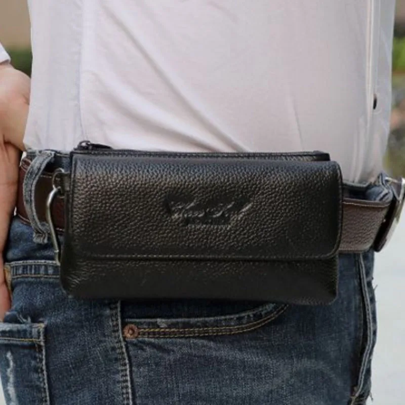 New Genuine Leather Waist Bag First Layer Cowhide Men Hip Bum Fanny Hook Pack Loop Skin Belt Case Mobile Cell Phone Bag 5509