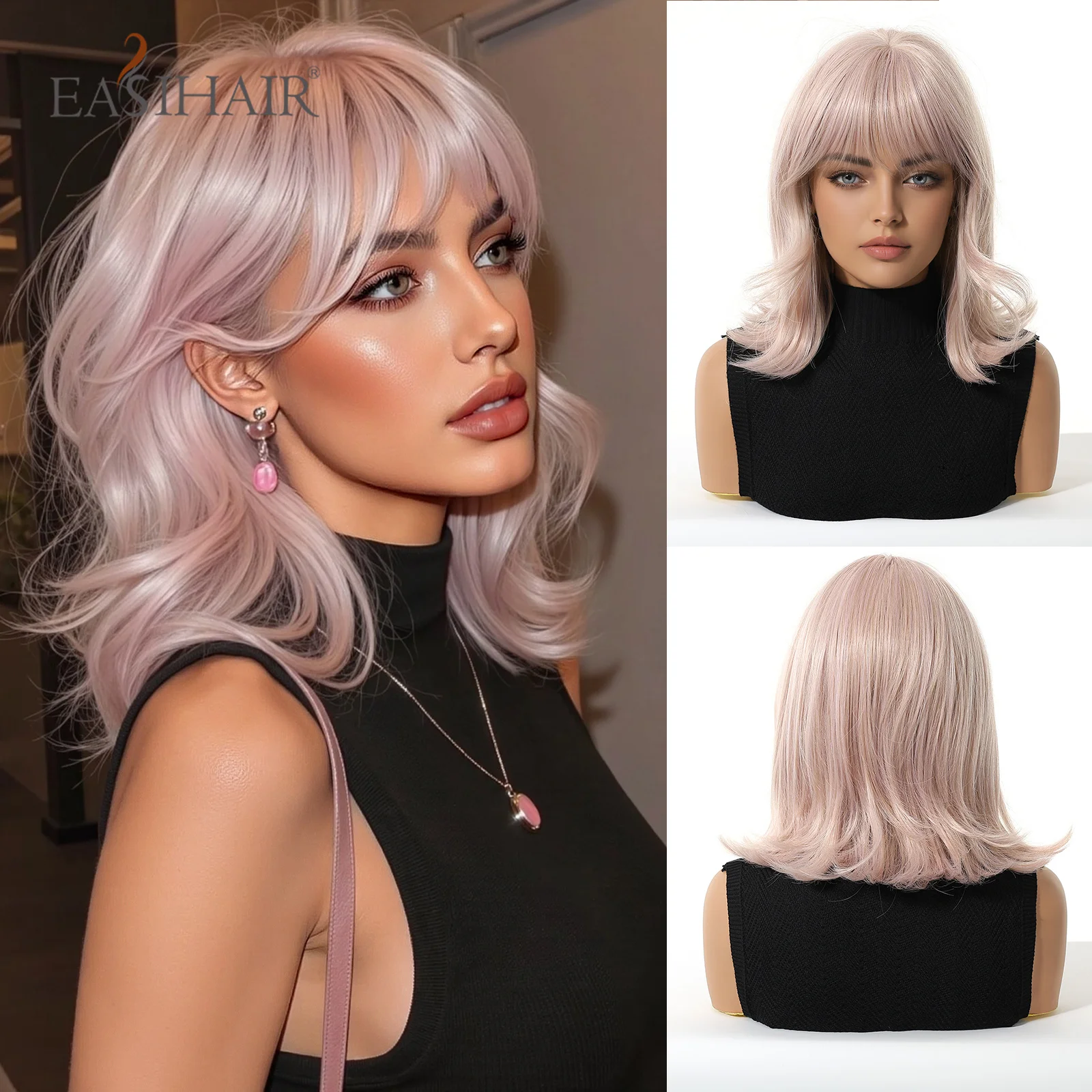 

Pink Blonde Synthetic Wigs with Bangs Shoulder Length Layered Wavy Hair Wig Heat Resistant Natural Daily Cosplay Party for Women
