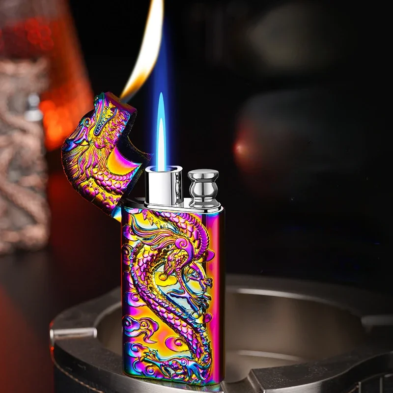 

Metal Three-dimensional Relief Dragon Dual Fire Conversion Lighter Windproof Direct Spray Inflatable Outdoor Lighter Men's Gift