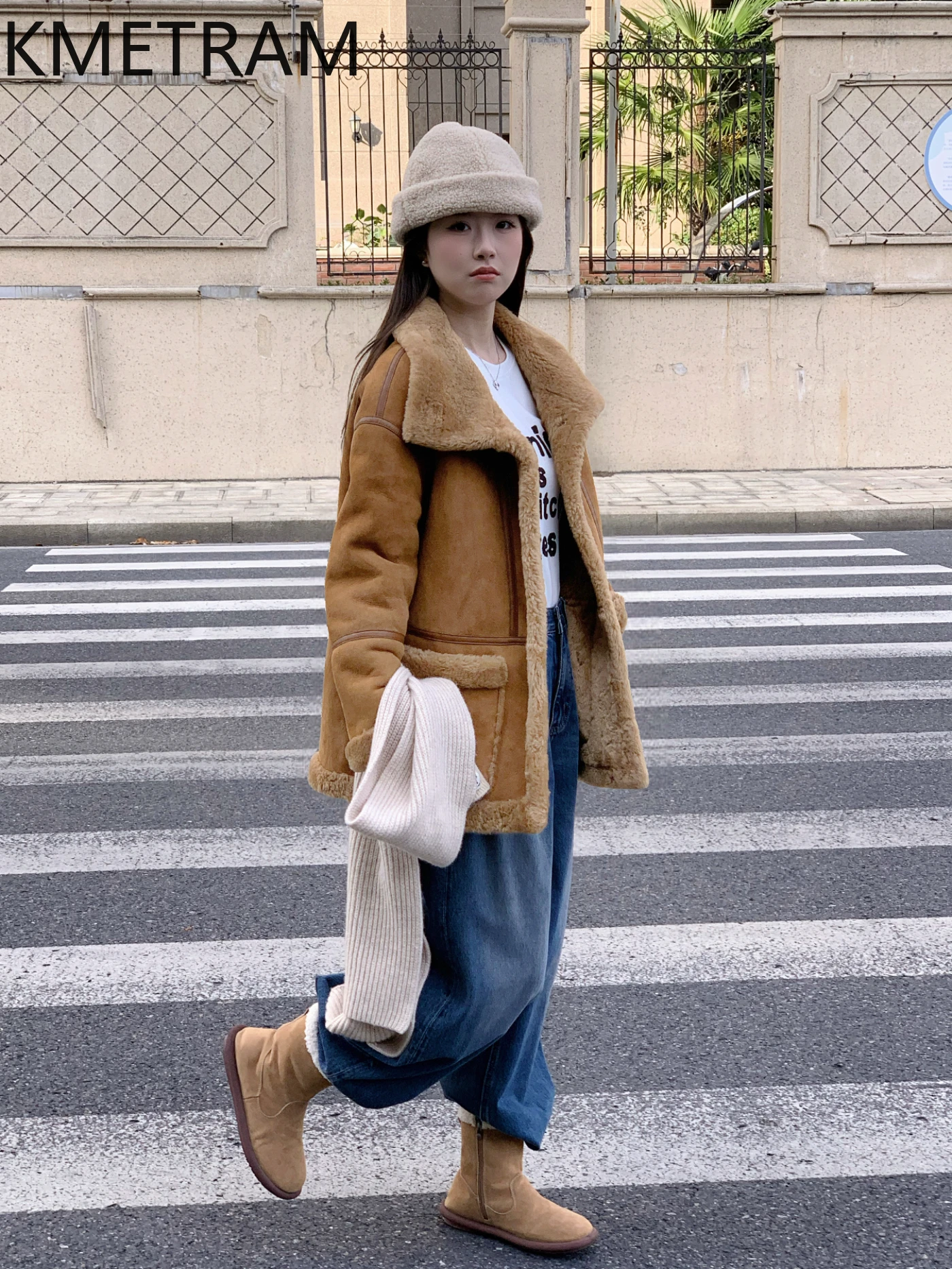 معطف KMETRAM من جلد الغنم الطبيعي مع معطف عتيق متوسط الطول من الفرو الحقيقي ملابس نسائية شتوية جديدة في معاطف Fourrure #3