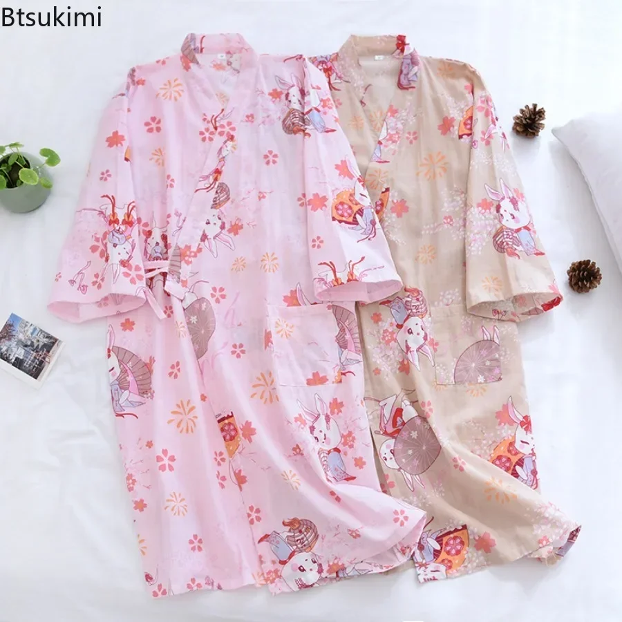 2025 Women Summer Cotton Soft Kimono Pajama Robes Loose Casual Printed Nightdress Comfort Couple Bathrobes Lounge Home Sleepwear